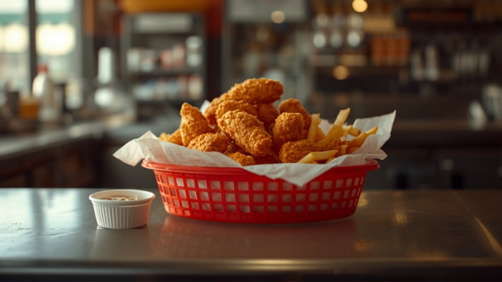 Crispy chicken tenders and fries in a red basket lined with deli paper, with a cup of dipping sauce.