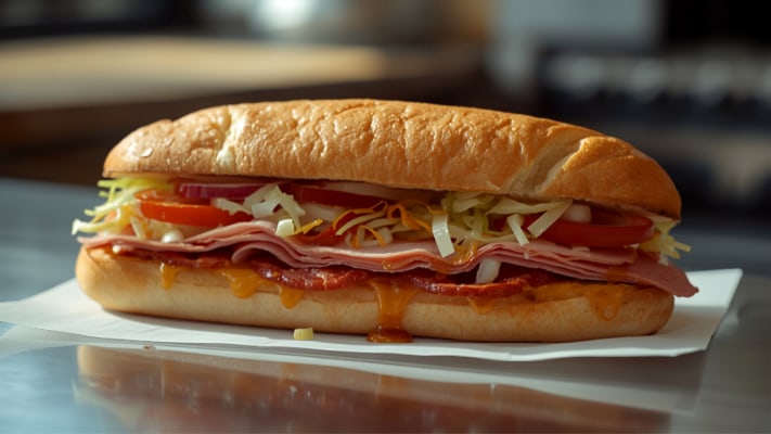 An Italian sub on a soft roll with salami, ham, provolone, lettuce and tomato, served on deli paper.