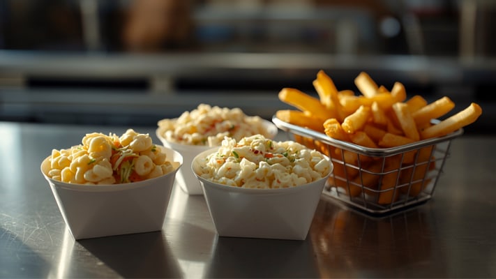 Macaroni salad and coleslaw in white deli containers beside a wire basket of french fries.